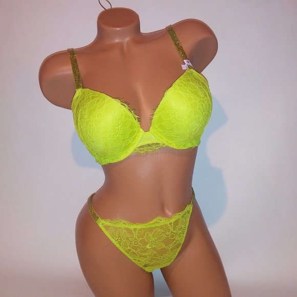 Victoria Secret Bra Set 36C Push Up Medium Thong Panty Yellow-Green Shine Strap - Picture 1 of 12